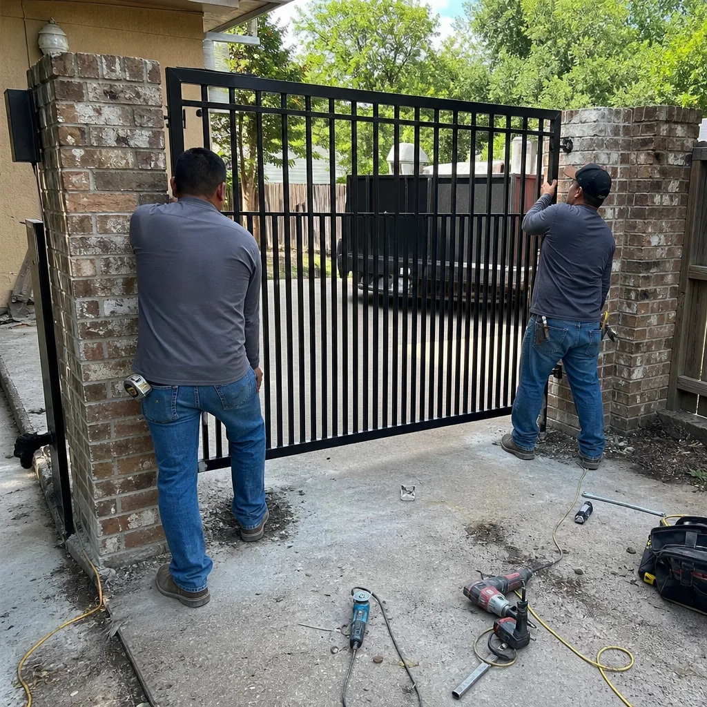 Two technicians installing a black metal driveway gate on brick pillars
