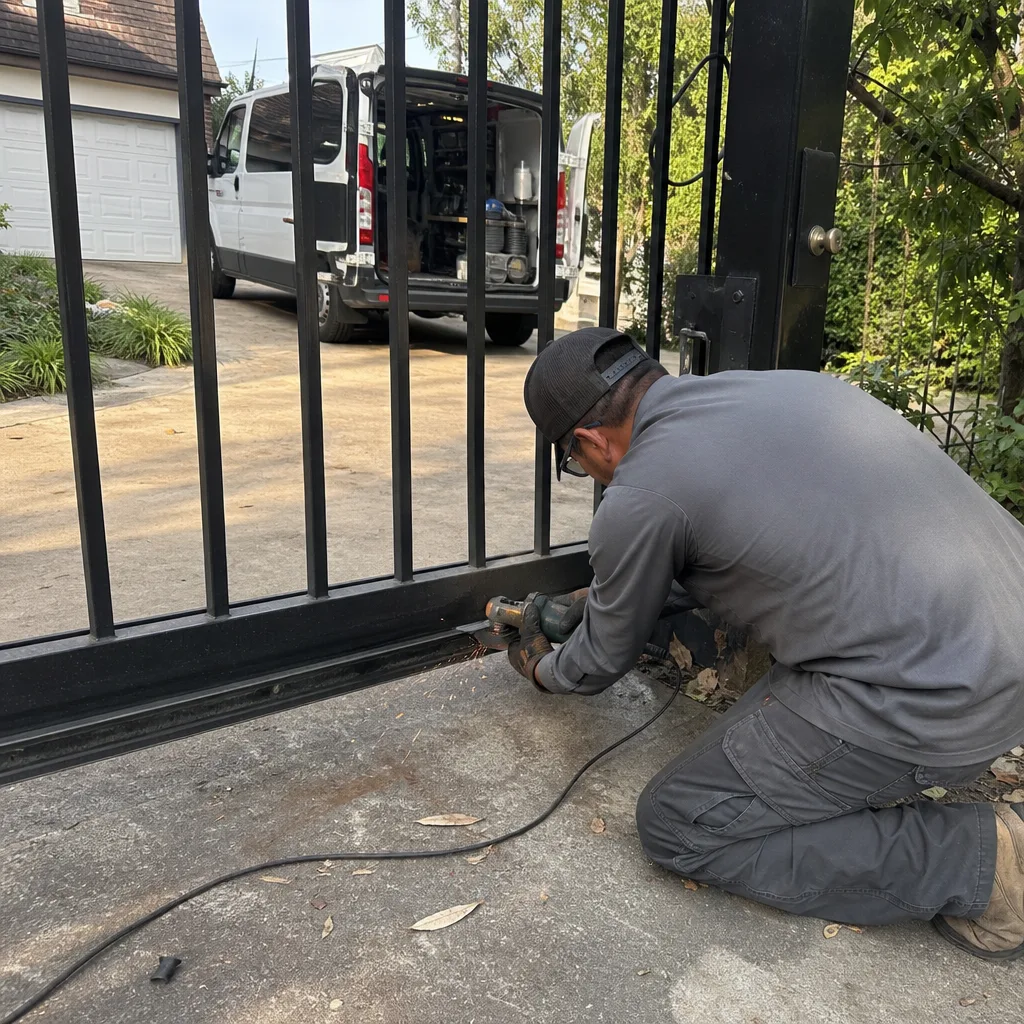 Technician using a power tool for professional iron gate repair work