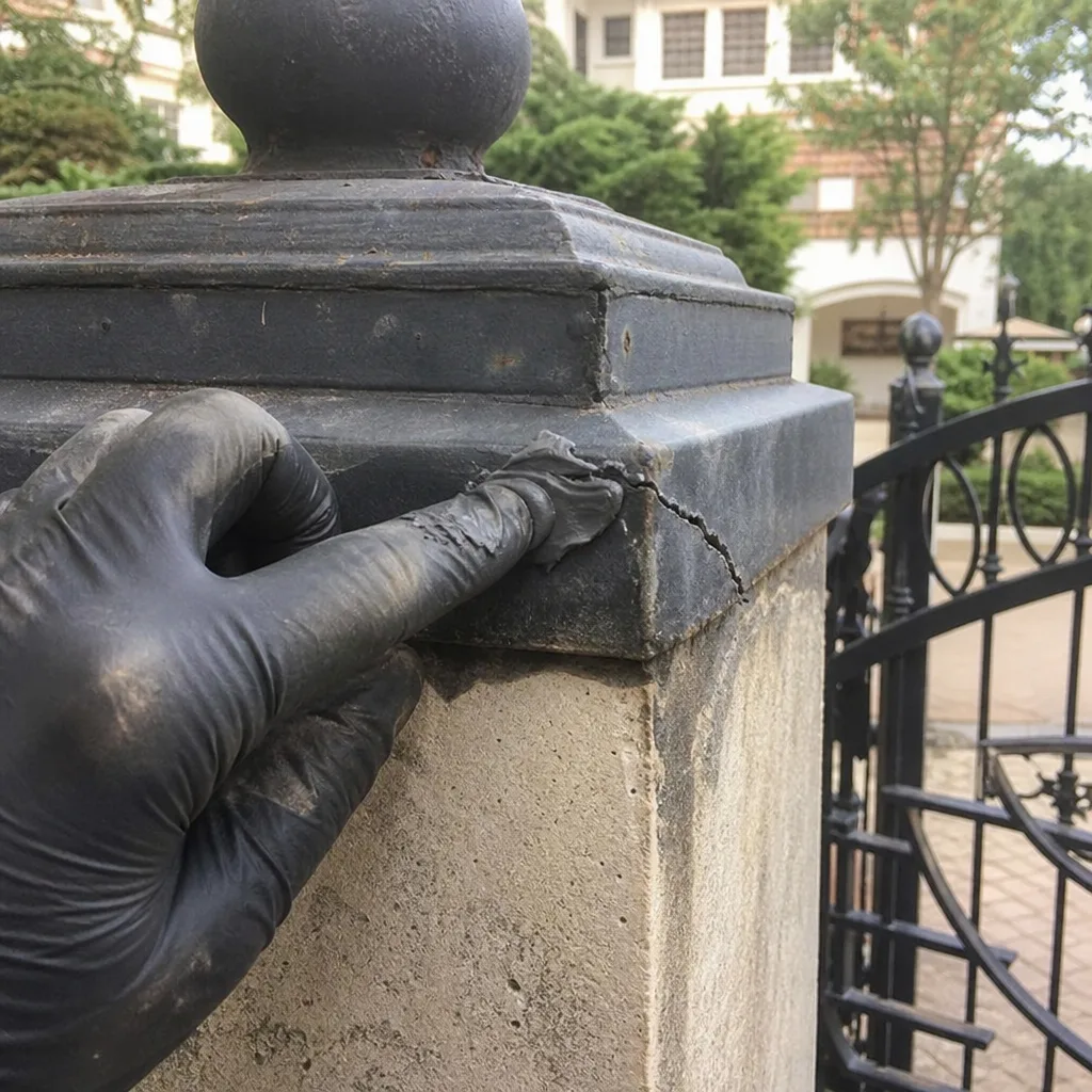 professional applying sealant to repair a crack in metal gate post