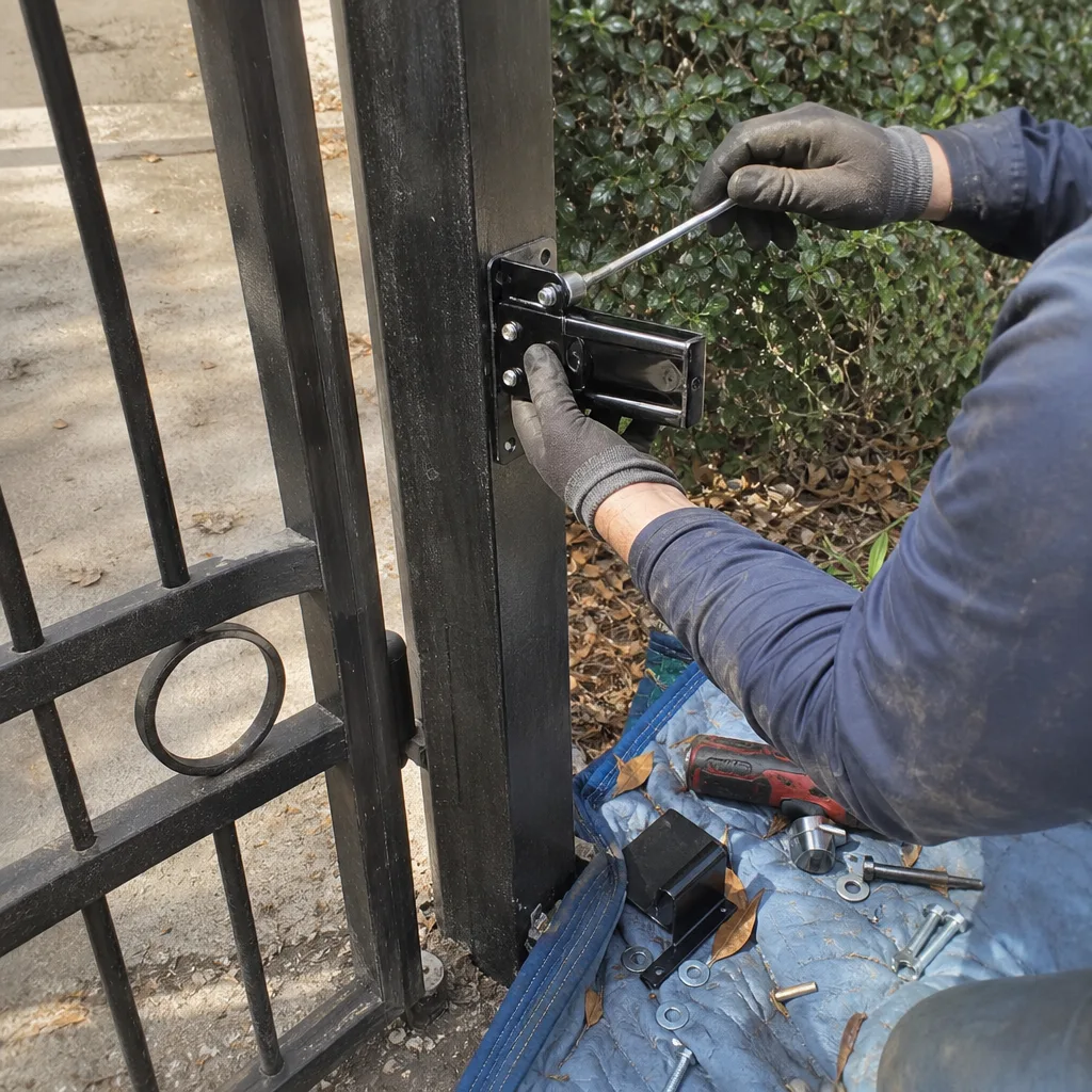 Technician using a socket wrench to install a metal gate latch